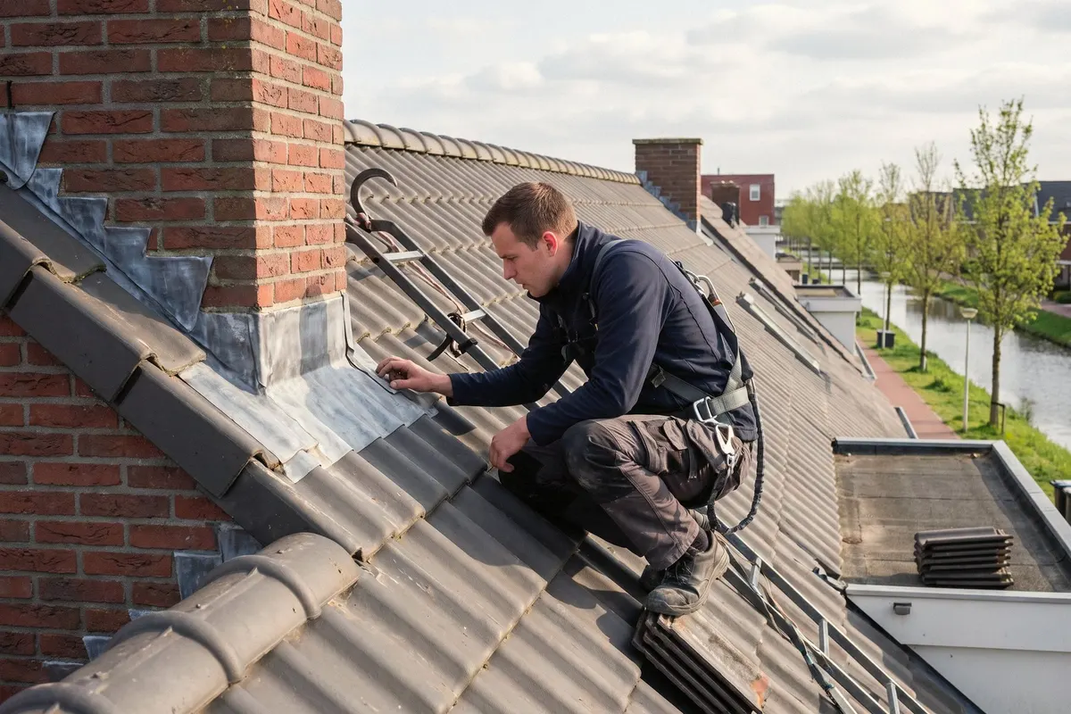 Dakdekker inspecteert een dak tijdens een klus in Almere
