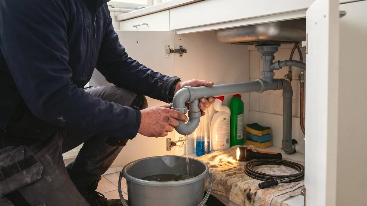 Loodgieter schroeft de sifon onder het keukenaanrecht los, met een emmer eronder
