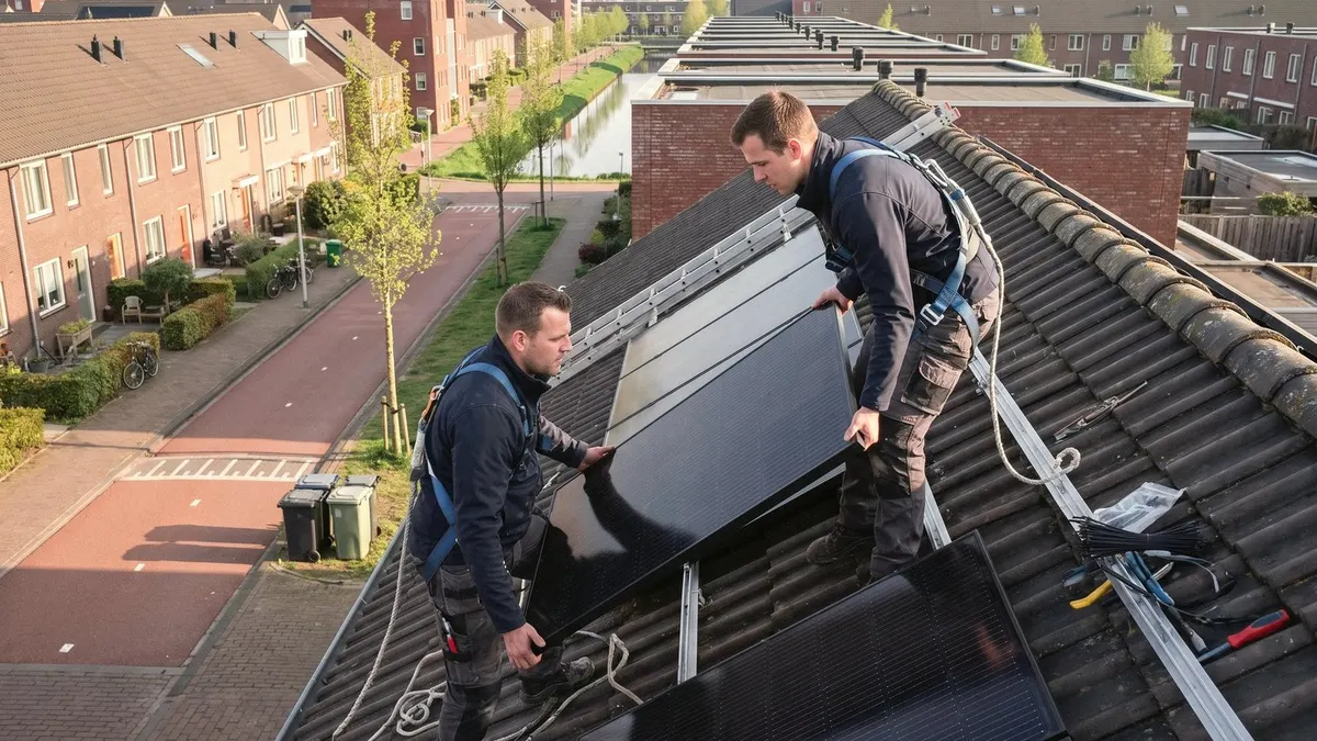 Samen tillen twee monteurs een zonnepaneel op de montagerails van een pannendak