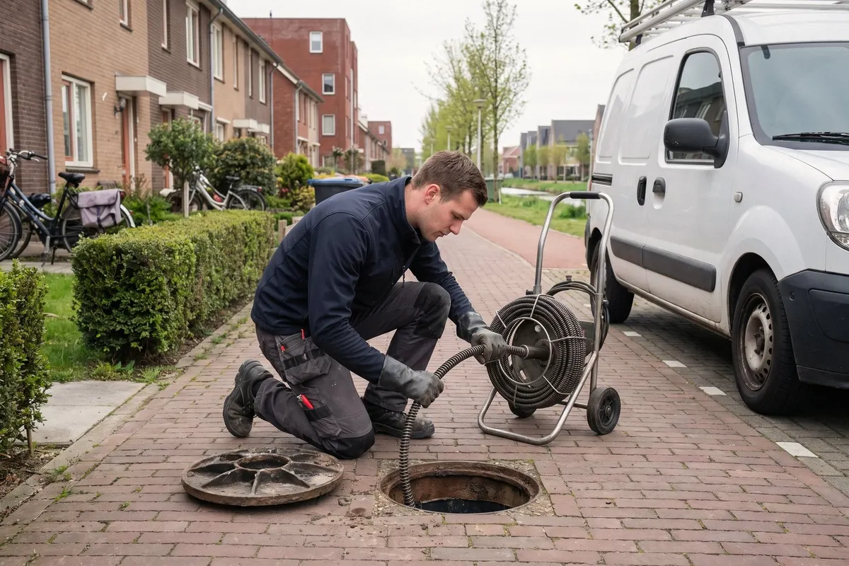 Monteur ontstopt het riool via de put voor een woning, met de rioolveer naast zich