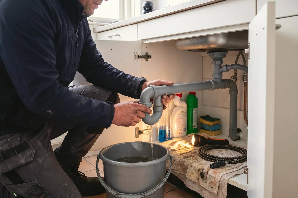 Loodgieter maakt een sifon onder de wasbak los om een verstopping te verhelpen