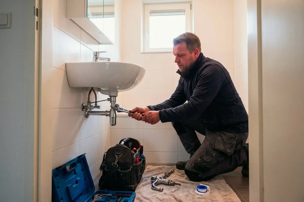 Monteur sluit de afvoer van een wastafel aan tijdens een klus in Almere Haven