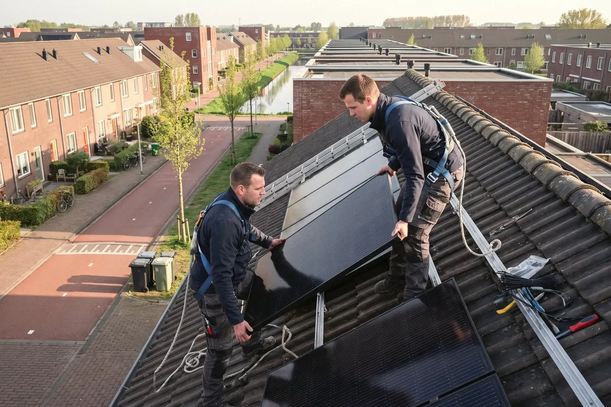 Monteurs plaatsen zonnepanelen op een dak in Almere